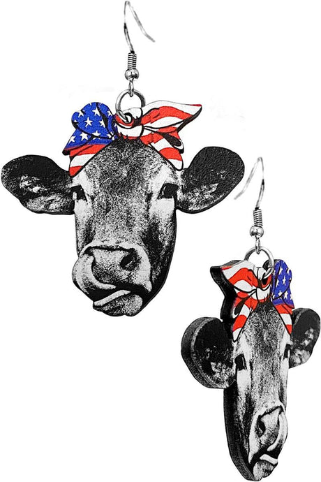 American Flag Cow Wooden Earrings