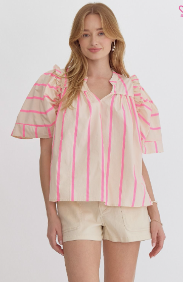 Pink - Striped Short Sleeve V Neck Top