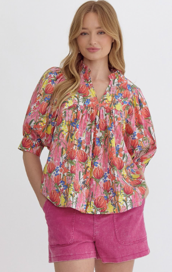Floral V Neck Puff Sleeve Top