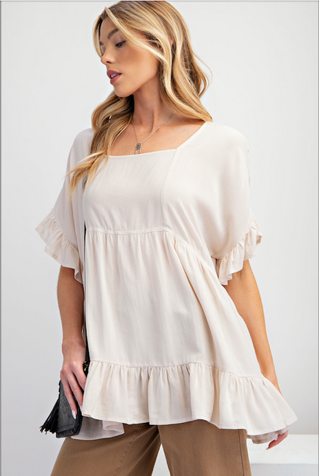 Poly Linen Ruffle Bottom Loose Fit Tunic - Plus Size