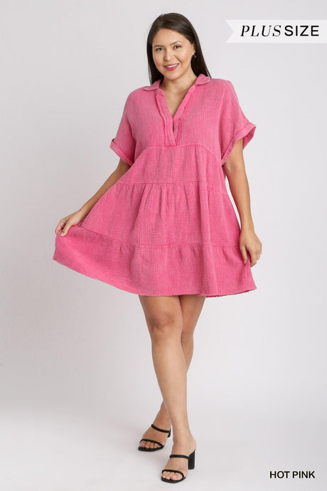 Hot Pink Mineral Wash Tiered Dress - Plus Size