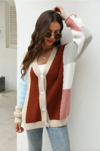 Knit Color Block Button Cardigan - Burgundy