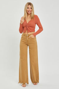 Mocha - High Rise Wide Leg Frayed Hem Pants