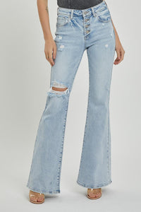 Mid Rise Button Down Flare Jeans