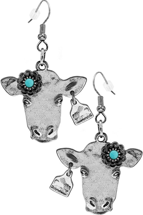 Cow Head with Gemstone Flower & Cattle Tag Charm Earrings