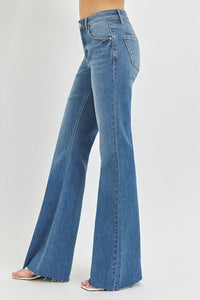 Mid Rise Flare Raw Cut Hem Jeans