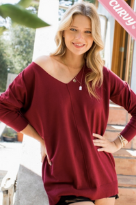 Burgundy - Cozy V Neck Sweater - Plus Size