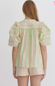 Lime - Striped Short Sleeve V Neck Top