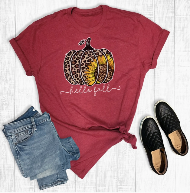 Hello Fall Sunflower Leopard Pumpkin T-Shirt