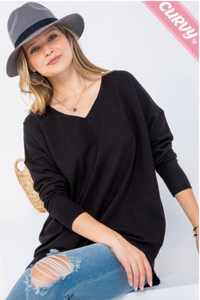 Black - Cozy V Neck Sweater - Plus Size