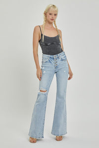 Mid Rise Button Down Flare Jeans