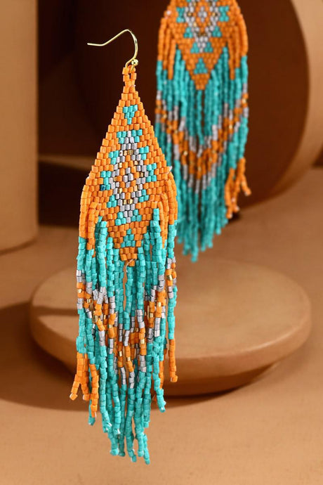 Western Pattern Seed Bead Fringe Earrings