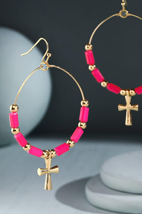 Glass Bead Wire Hoop Earrings with Cross - Available in 6 Colors