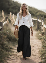 Load image into Gallery viewer, Black - Linen Blend Tiered Wide Leg Palazzo Pants