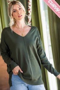 Olive - Cozy V Neck Sweater - Plus Size