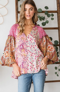 Pink - Button Front Mixed Print Top