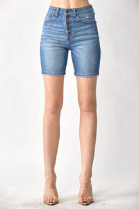 High Rise Button Fly Mid-Thigh Shorts