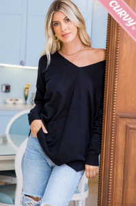 Black - Cozy V Neck Sweater - Plus Size