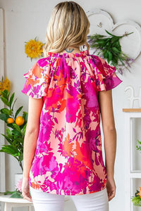 Floral Print Tie Neck Ruffle Tiered Sleeve Blouse