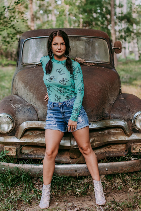 Turquoise Mesh Top with 3D Print Black Bows