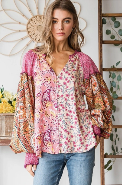 Pink - Button Front Mixed Print Top