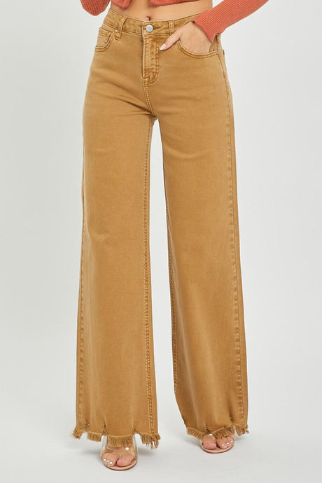 Mocha - High Rise Wide Leg Frayed Hem Pants