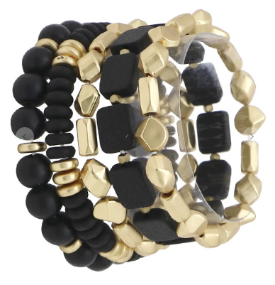 Black Multi Strand Layered Wood/Metal Beads Stretch Bracelet