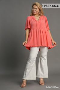 Linen Split Neck Top - Plus Size