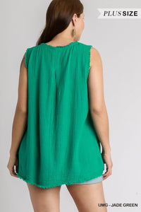 Jade Green Sleeveless V Neck Frayed Top - Plus Size