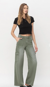 Olivia - High Rise Utility Cargo Wide Leg Jean - Army Green