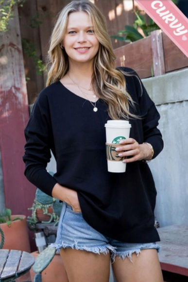 Black - Cozy V Neck Sweater - Plus Size