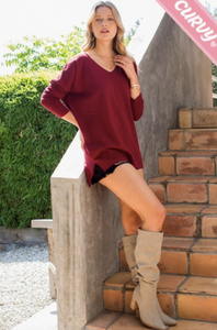 Burgundy - Cozy V Neck Sweater - Plus Size