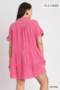 Hot Pink Mineral Wash Tiered Dress - Plus Size