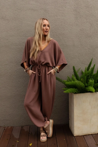 New Love Relaxed Drawstring Jumpsuit - Mocha