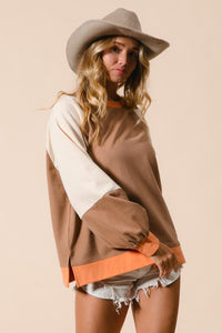 French Terry Color Block Top - Camel/Apricot