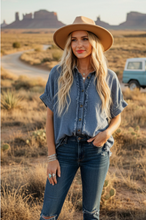 Load image into Gallery viewer, Frayed Trim Denim Button Top