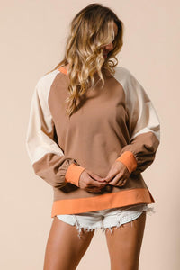 French Terry Color Block Top - Camel/Apricot