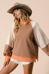 French Terry Color Block Top - Camel/Apricot