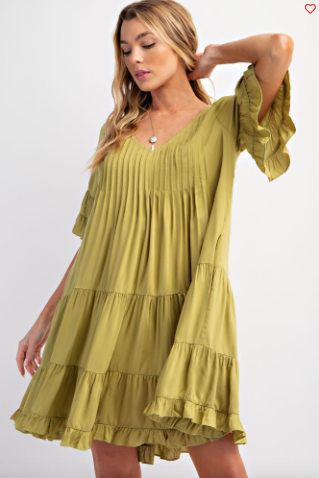 Green Tea - Double Ruffle Sleeves Soft Linen Dress - Plus Size