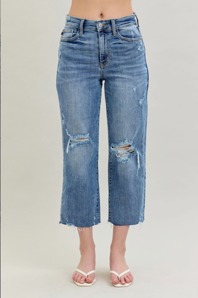 Judy Blue High Waist Wide Leg Jeans with Destroy Crop