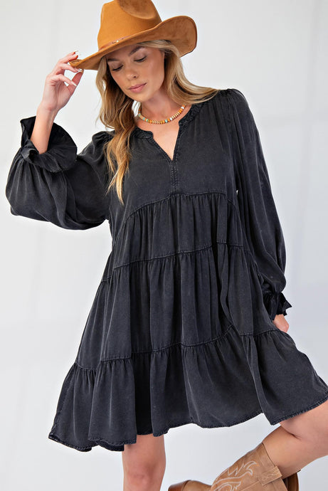 Black Mineral Washed Rayon Challis Tiered Dress