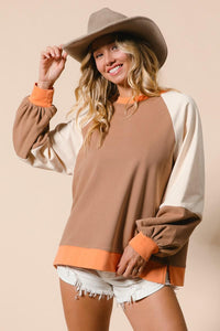 French Terry Color Block Top - Camel/Apricot