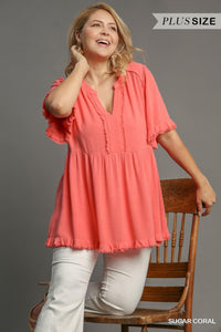 Linen Split Neck Top - Plus Size