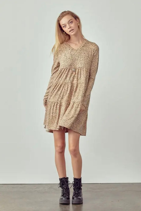 V Neck Animal Print Tiered Babydoll Dress - Plus Size