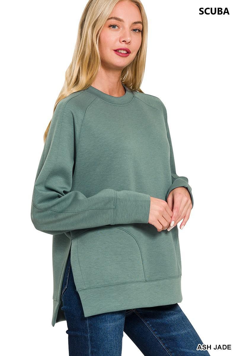 Scuba Round Neck Pullover with Side Slits - Ash Jade