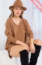 Load image into Gallery viewer, Camel - Cozy V Neck Sweater - Plus Size