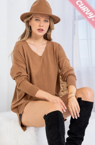 Camel - Cozy V Neck Sweater - Plus Size