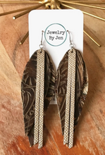 Load image into Gallery viewer, Narrow Fringe Feather Earrings - Platinum, Sarsaparilla &amp; Gold Rush