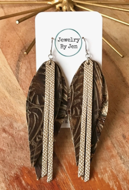 Narrow Fringe Feather Earrings - Platinum, Sarsaparilla & Gold Rush