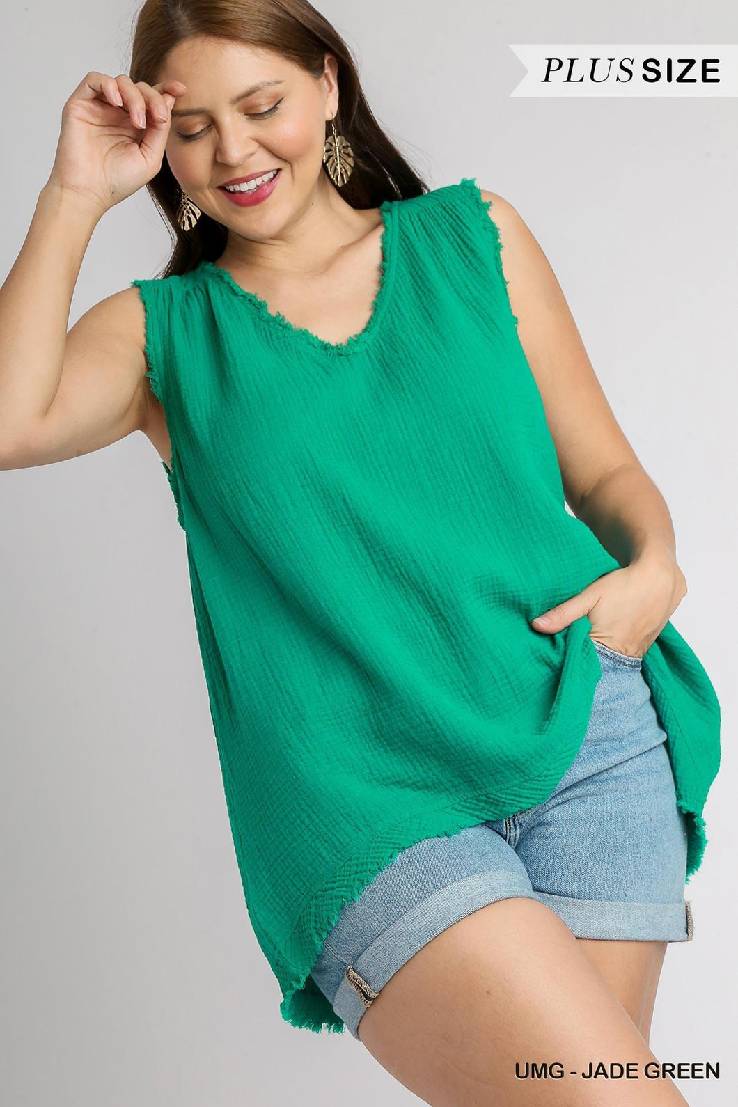 Jade Green Sleeveless V Neck Frayed Top - Plus Size